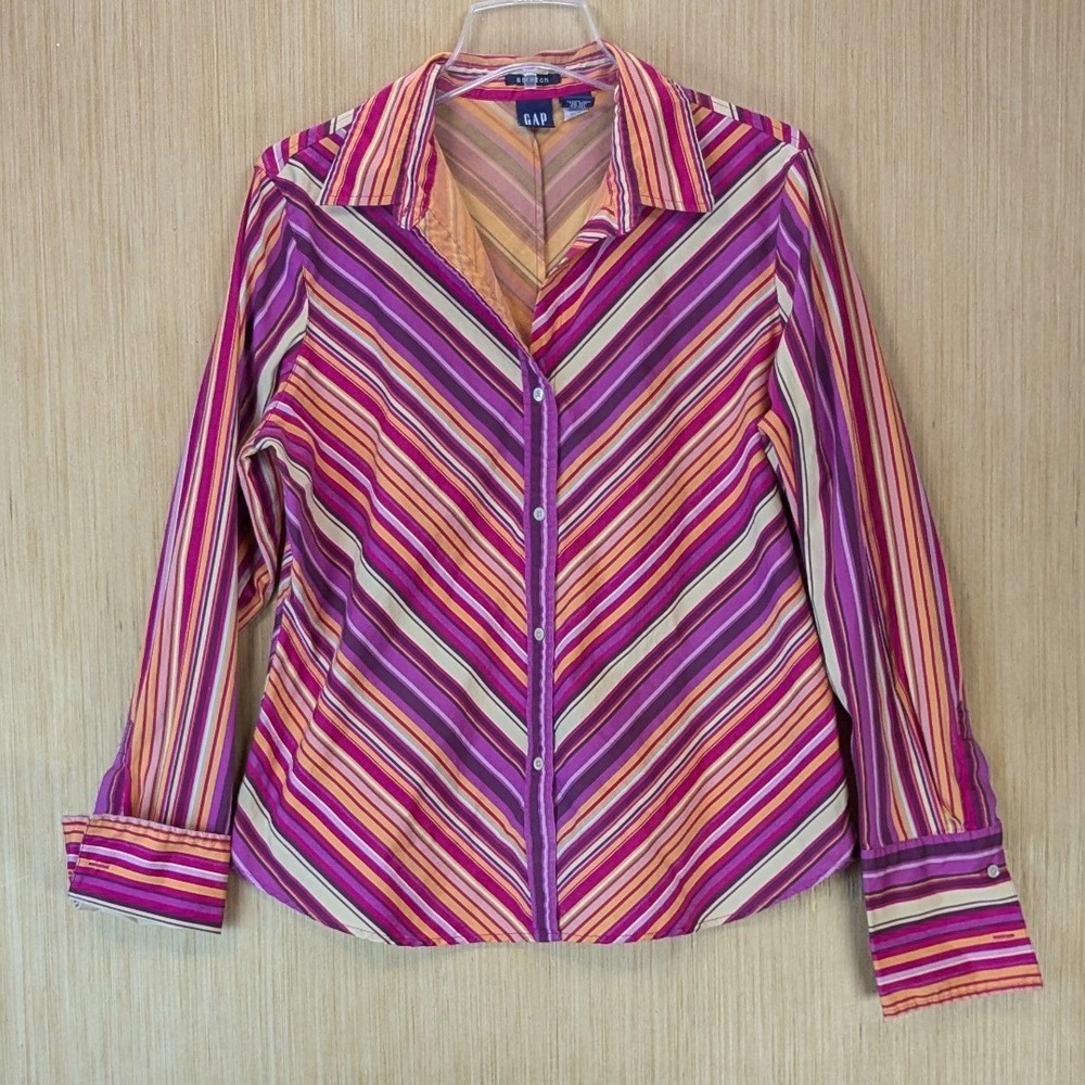 Vintage Y2K Gap Womens Retro Striped Button Down Shirt Size XL Colorful Stretch